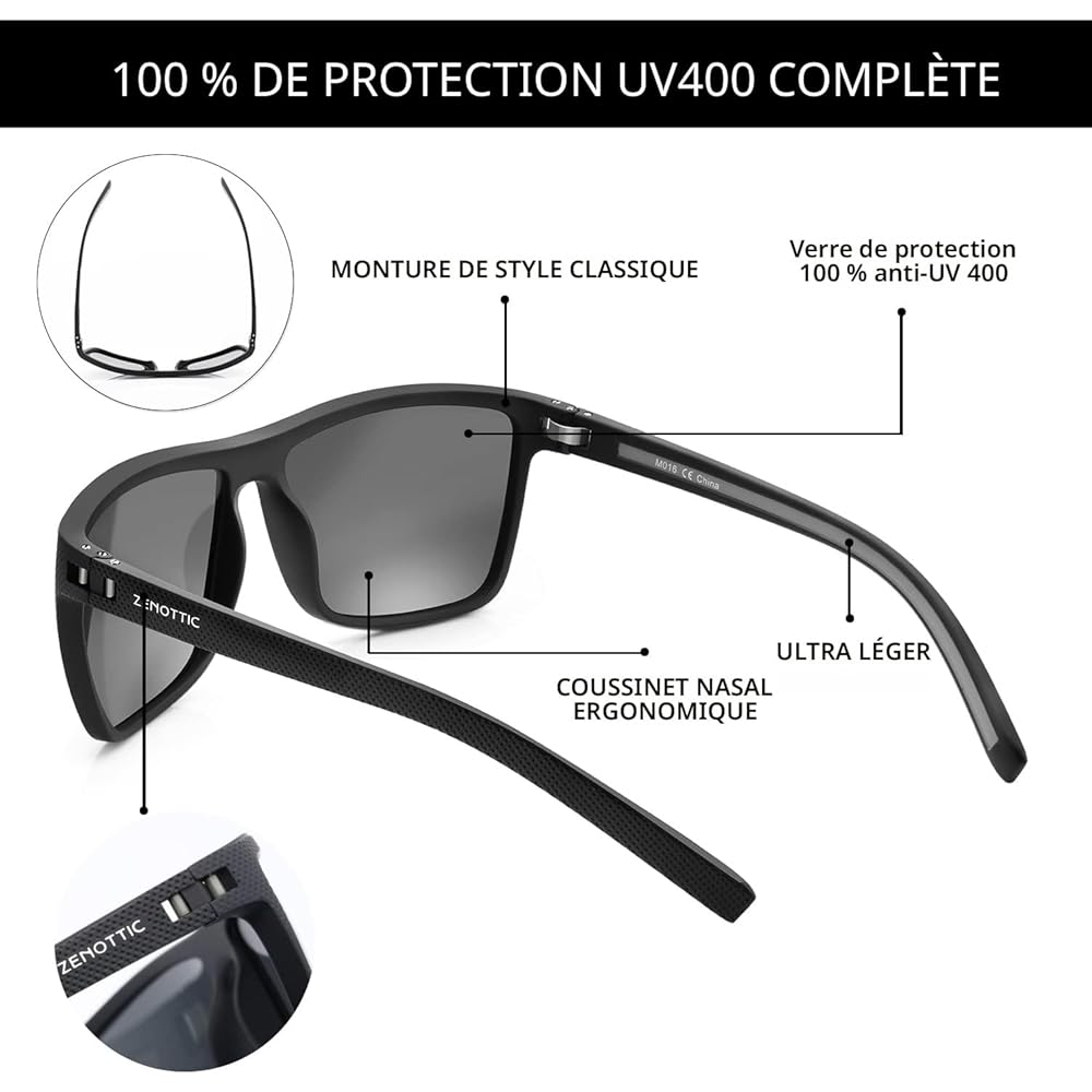 ZENOTTIC Lunettes de soleil polarisées, carrées et légères, pour homme – Monture en TR90 – Protection UV400