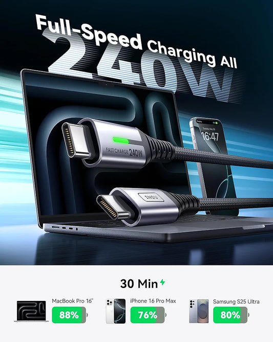 INIU Lot de 2 câbles USB C, 240 W, câble de charge rapide, câble de charge rapide PD3.1 de type C, câble de données tressé USB C pour iPhone 17 16 15 Pro Max, MacBook Pro, iPad Air, Samsung S25 S24