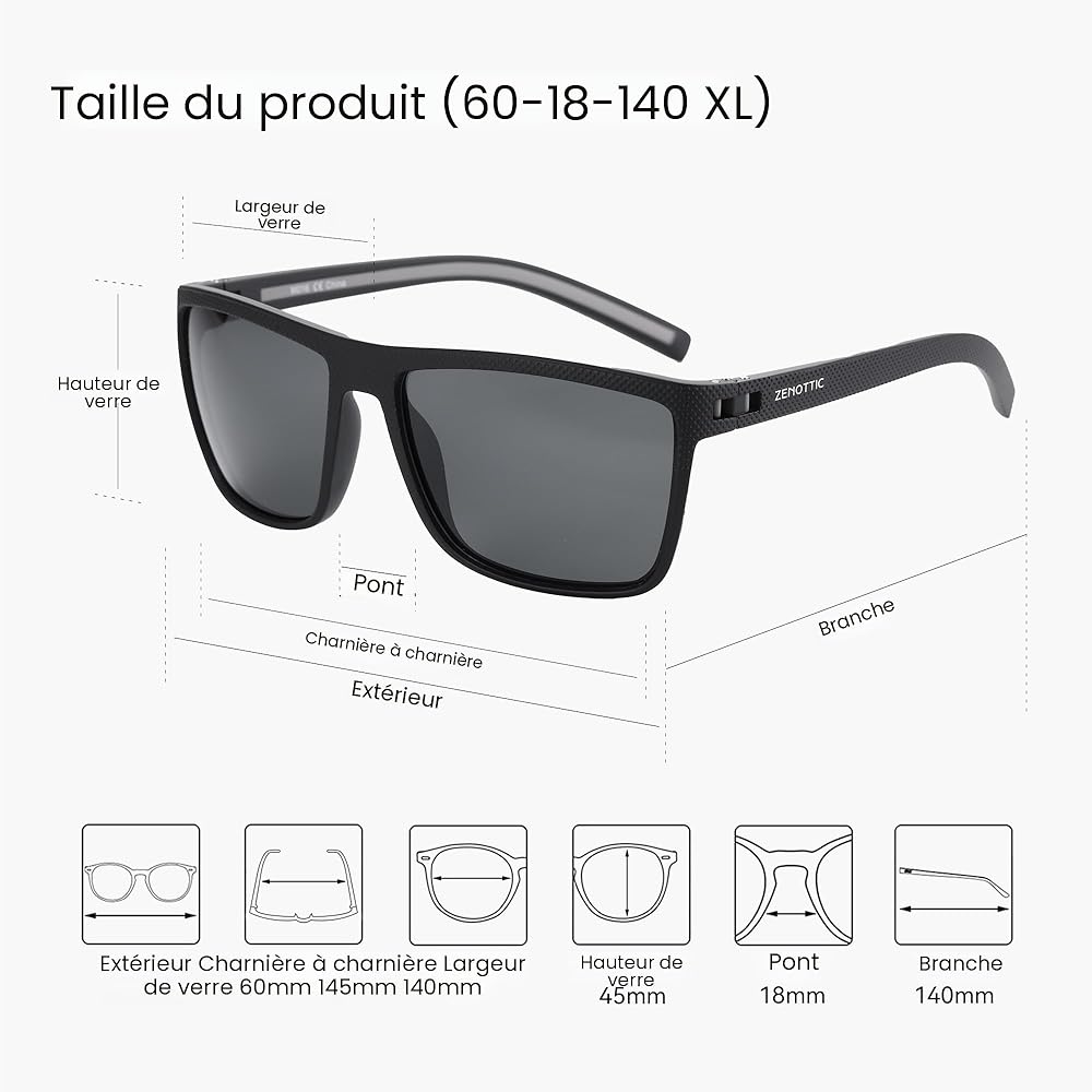 ZENOTTIC Lunettes de soleil polarisées, carrées et légères, pour homme – Monture en TR90 – Protection UV400