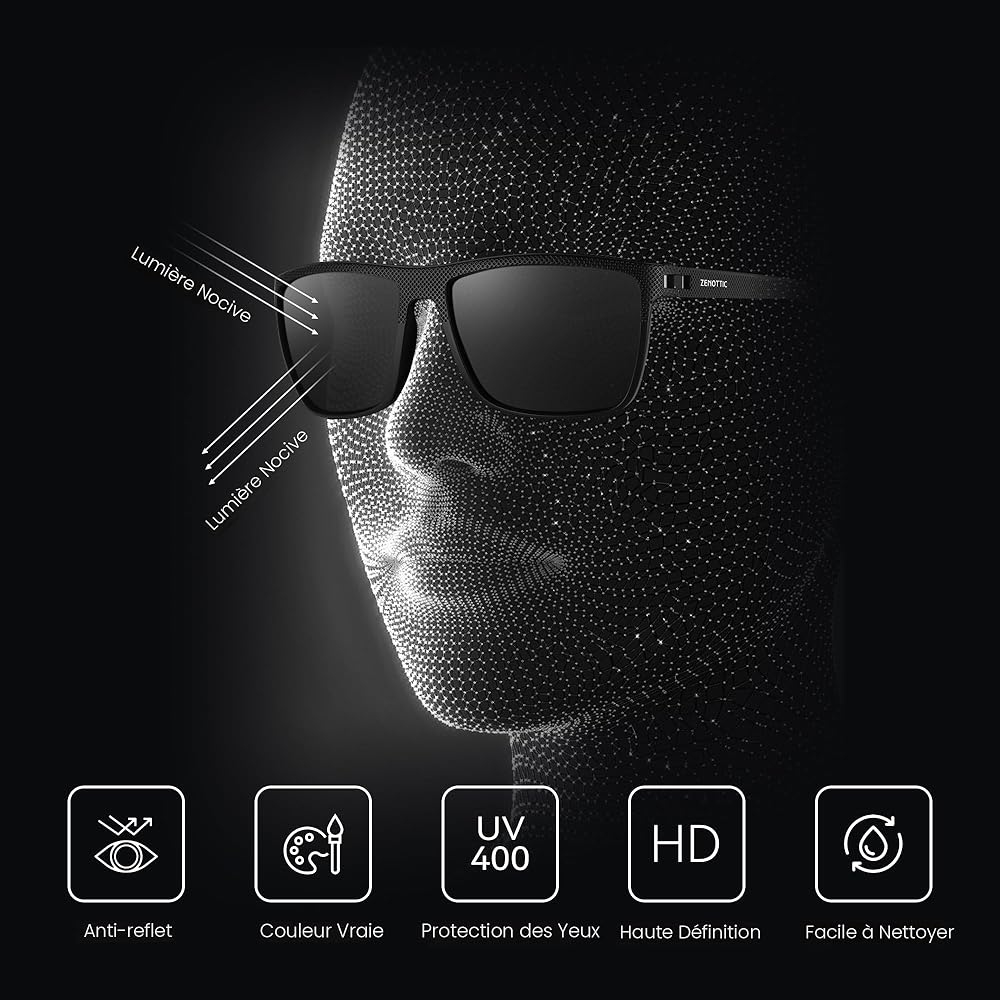 ZENOTTIC Lunettes de soleil polarisées, carrées et légères, pour homme – Monture en TR90 – Protection UV400