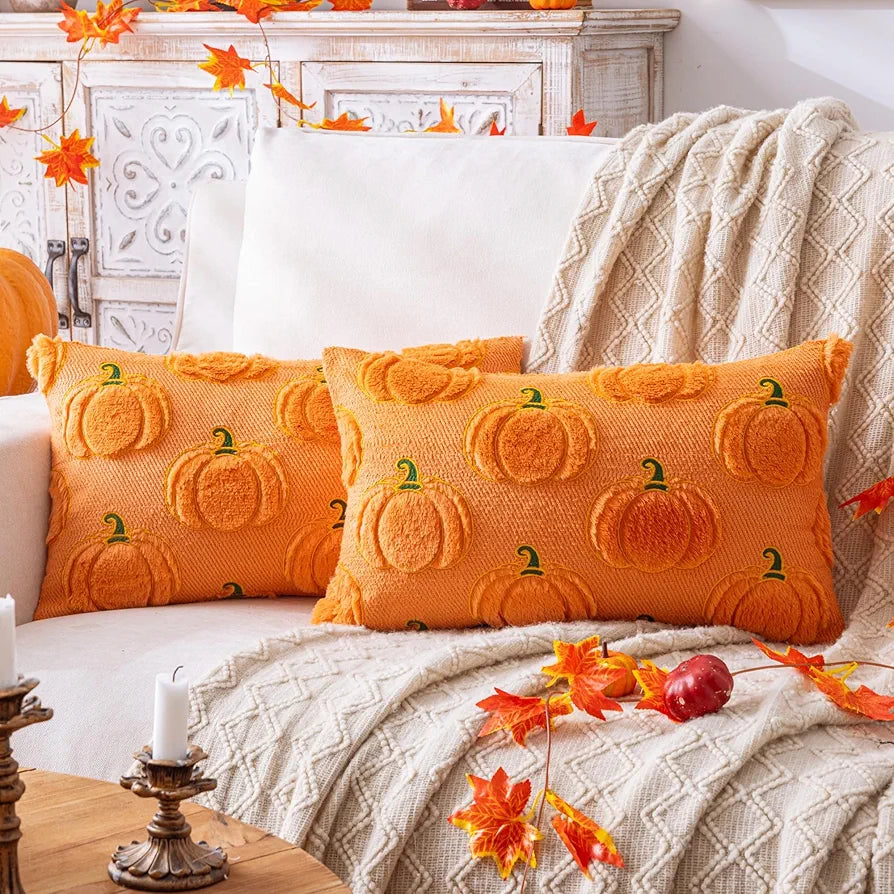 Lot de 2 housses de coussin d'automne citrouille orange 30,5 x 50,8 cm, décorations d'Halloween, Thanksgiving, coussins d'automne pour canapé, sofa, décoration de vacances