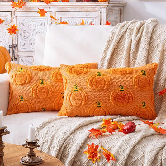 Lot de 2 housses de coussin d'automne citrouille orange 30,5 x 50,8 cm, décorations d'Halloween, Thanksgiving, coussins d'automne pour canapé, sofa, décoration de vacances